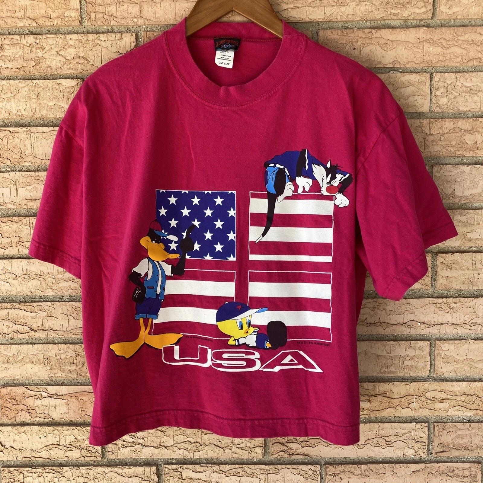 

Looney Tunes Tweety Bird Sylvester pink crop t-shirt One Size XL USA Flag 1996 M