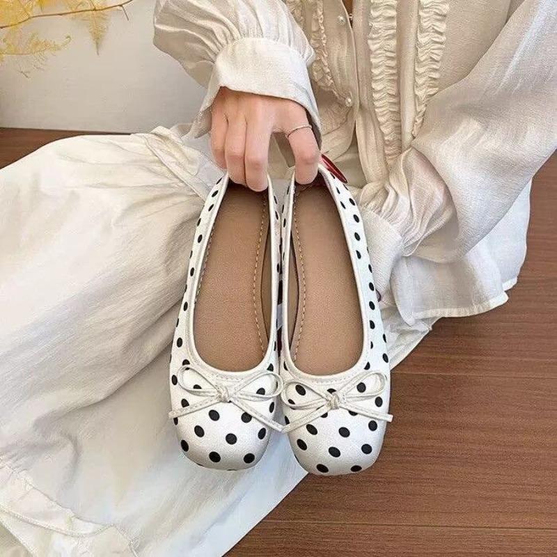 Polka Dot Bow Flat-soled Single Shoes Soft-soled Comfortable Office Workers Commuter Casual Shoes Square Head Spring and Summer Women's Shoes
