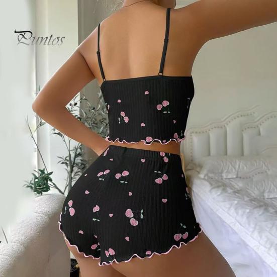 2 Pcs/Set Women Vest Shorts Suit Bow Cherry Print U Neck Sleeveless Top High Waist Short Trousers Homewear Loungewear Outfit Summer Sleepwear