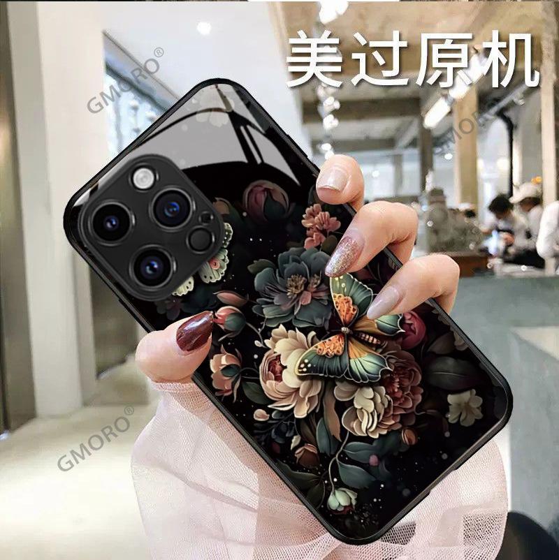 Light Luxury Retro Oil Painting Flower Butterfly Apple 16e Mobile Phone Case Glass iPhone17pro Hard Case Protective Case