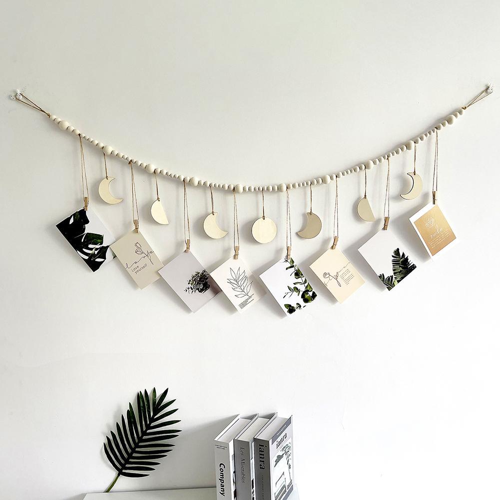 130cm Photo Garland With Wooden Beads Moon Tags 3 Sizes Wall Mounted Photo Clip String For Bedroom Office Dorm Party Decor
