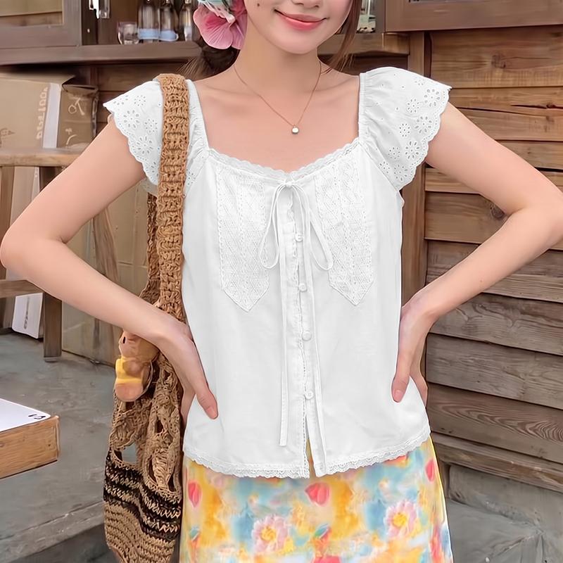 ZANZEA Women Lace Crochet Splice Casual Square Collar Sleeveless Tank Tops M белый