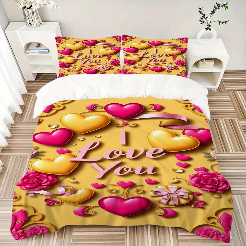 3Pcs Love Hearts Celebration Bedding Set Soft Fabric Duvet Cover Pillowcases Home Christmas Xmas Halloween Gift 1 Duvet Cover 2 Pillowcase G110