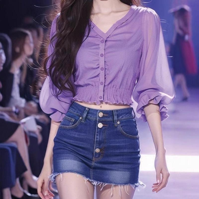 Women V Neck Sheer Mesh Puff Sleeve Ruched Cropped Blouse S