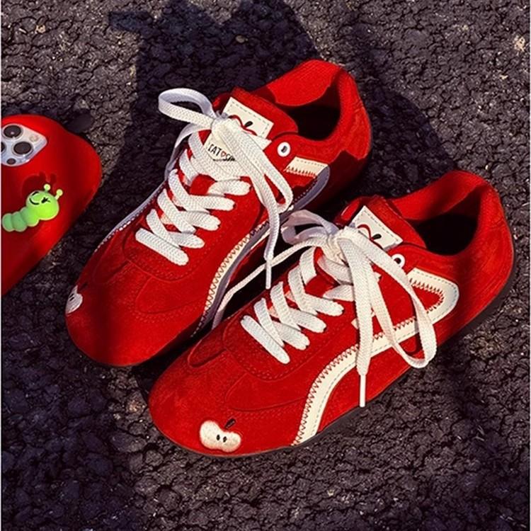 Red Dexun Shoes Women's 2025 New Versatile Sports Casual Shoes Thin-soled Racing Shoes Apple Casual Forrest Gump Shoes Tide