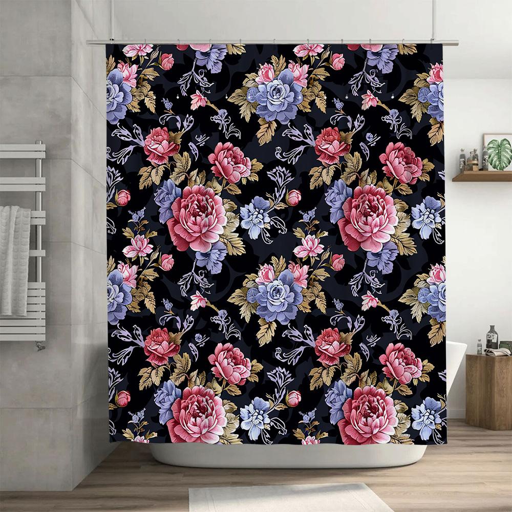 Floral Print Shower Curtain with Black Background Pink Peonies Blue Roses for Bathroom Decor