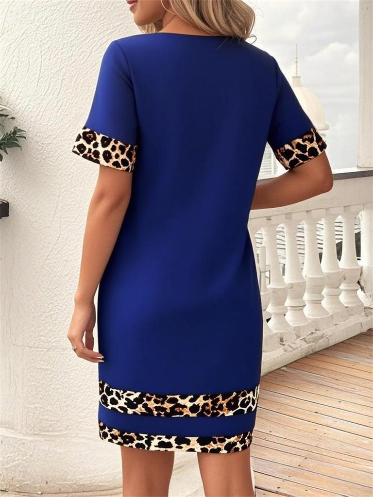 Leopard Print Patchwork Round Neck T-shirt Dress for Women, Summer 2025