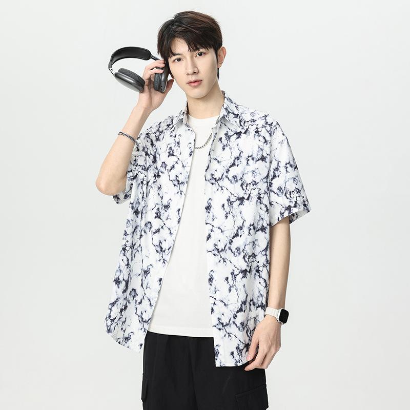 Men's White Black Marble Print Short Sleeve Shirt - Oversized Casual Streetwear Summer Button Up