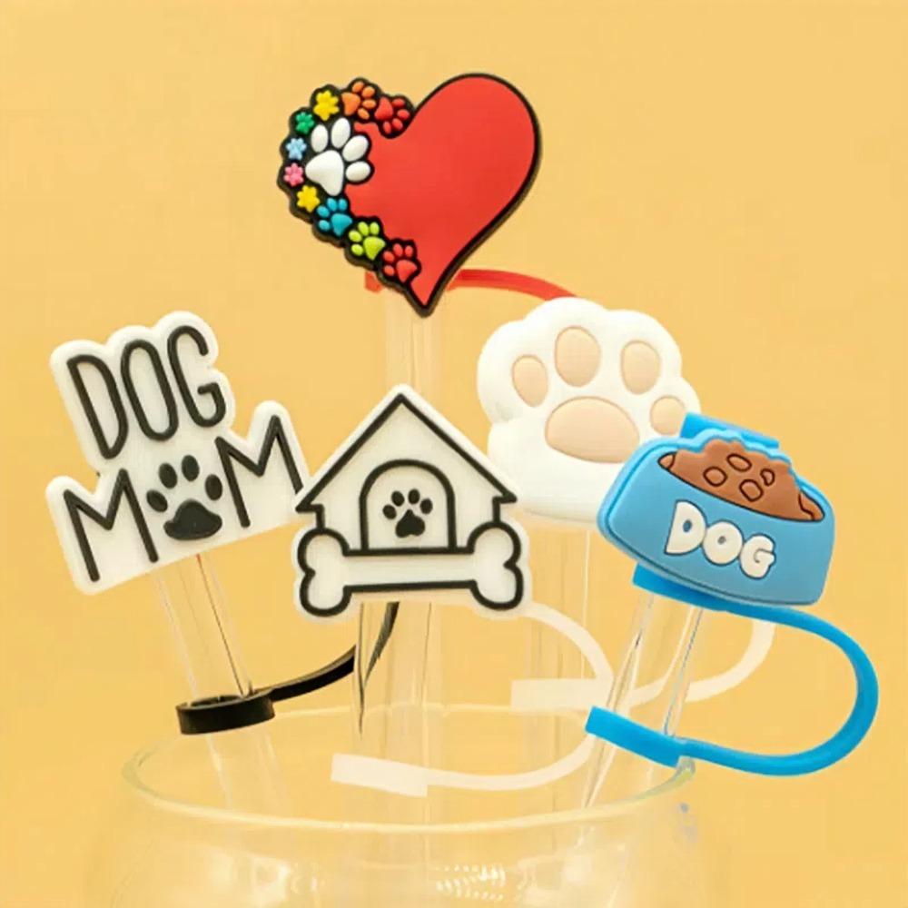 5 Stück Cartoon Hund Silikon Strohstopfen 10mm Strohspitzen Abdeckung Trinkhalm Staubkappe Partyzubehör