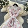 Elegant Lace Printing Formal Dresses Women Lapel Single-breasted Hollow Out Belt Slim Temperament Summer Dress