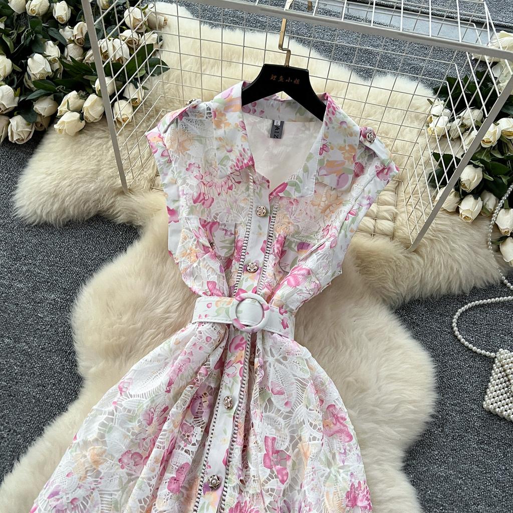 Elegant Lace Printing Formal Dresses Women Lapel Single-breasted Hollow Out Belt Slim Temperament Summer Dress