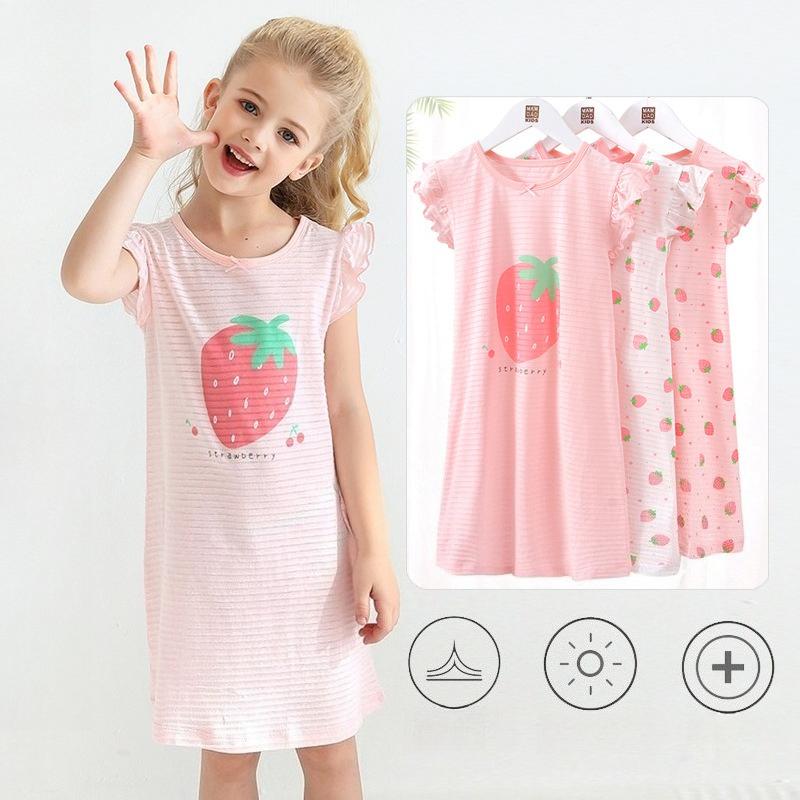 Girls' Sleepwear Dress Children's Pleated Short Sleeve Nightgown Loungewear