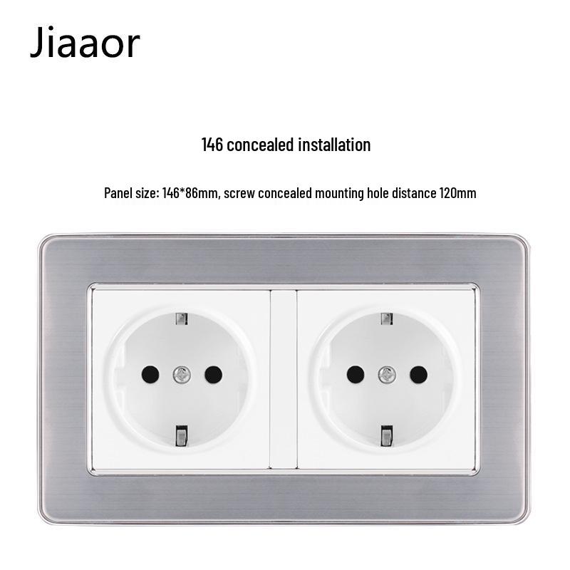 Padrão Europeu Tipo 86 Painel de Interruptor e Tomada de Parede Duplo em Aço Inoxidável com USB-C, Estilo Alemão, Montagem de Parede Embutida.