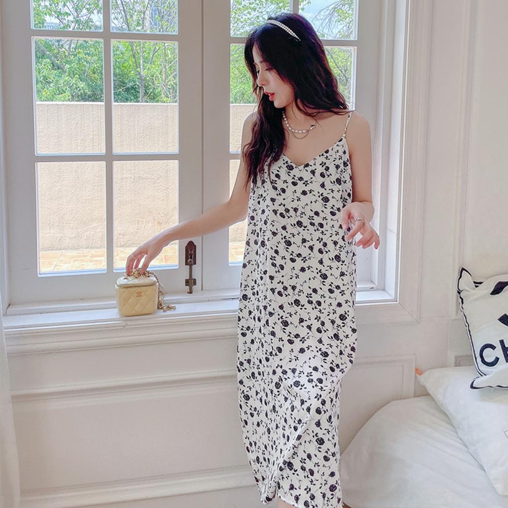 New Suspender Pajamas Women's Spring, Autumn and Summer Ice Silk Thin Small Floral Japanese Sweet Extended Nightgown Internet Celebrity Spot