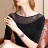 Mid-sleeved T-shirt for Women's Autumn Women's New Sexy Transparent Bright Silk Mesh Shirt Temperament One-shoulder Top