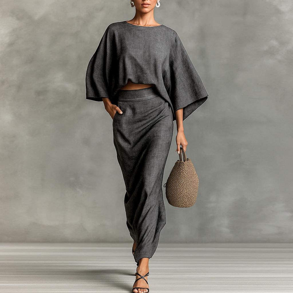 Women'S Fashion Featuring an Elegant Batwing Sleeve Crop Top with a Sexy Midriff Cut, Paired with a Versatile High-Waisted Skirt That Has a Back Slit