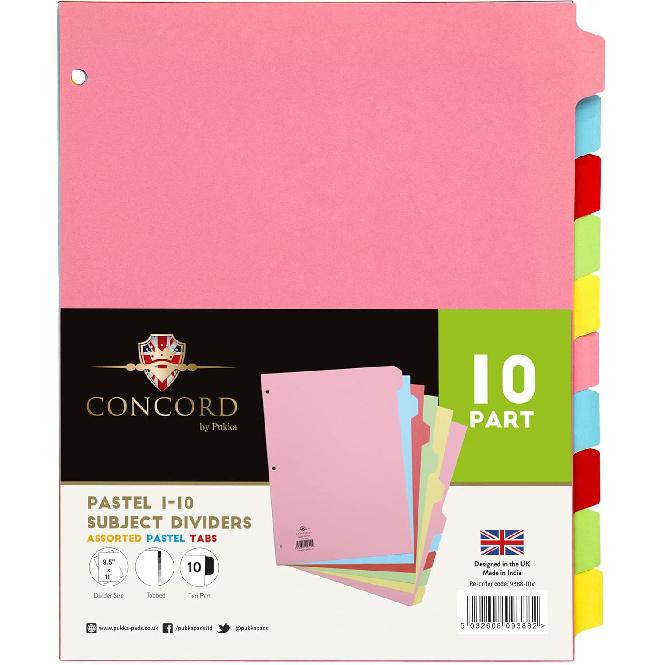 Pukka Pad 10 Part Dividers – 1 Pack of 10 Tabbed Set for 3-Ring Binder, Page Separators for Home, Office, School Organization – 8.5 x 11 Inches