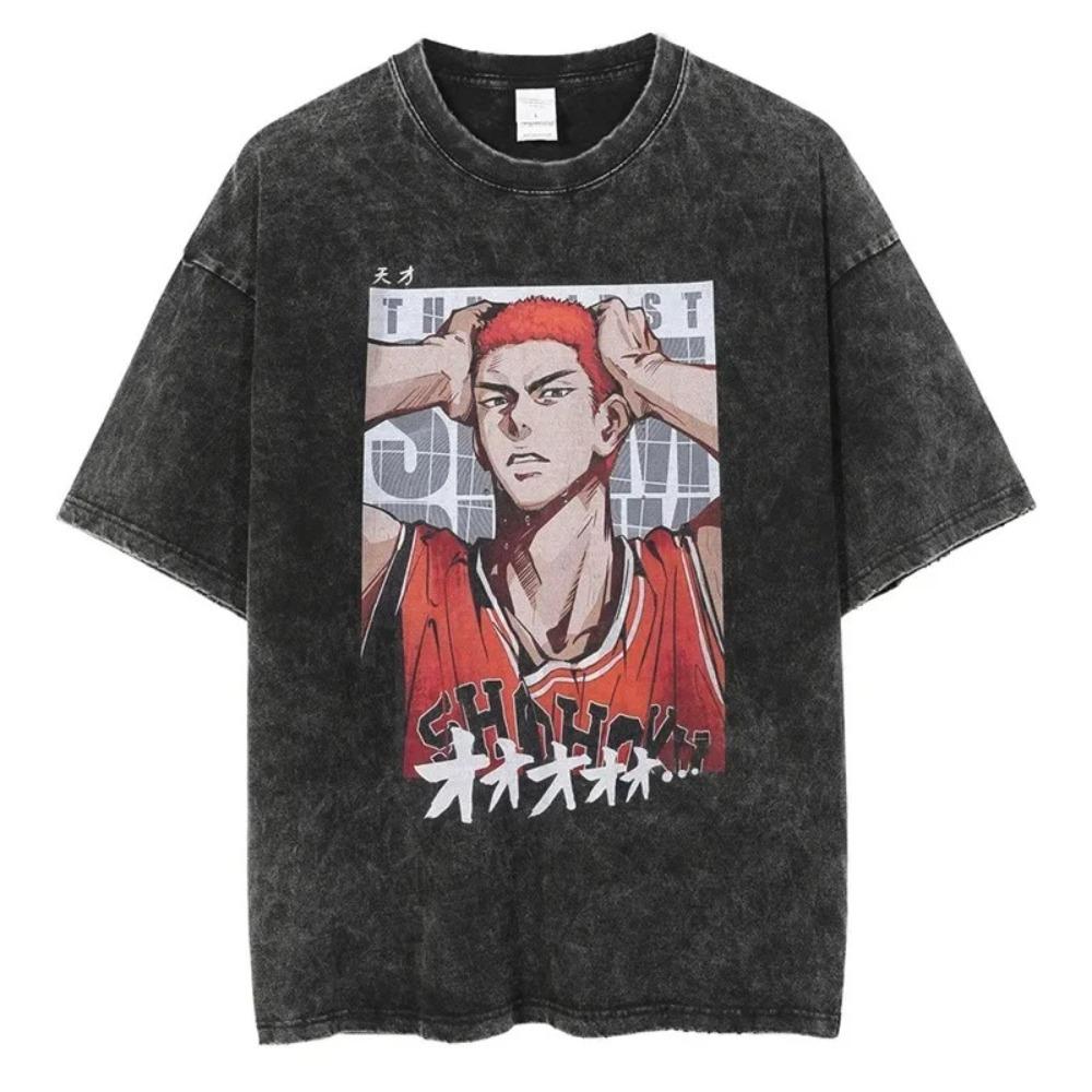 Oversized Washed Black Short-Sleeve T-Shirt Featuring Slam Dunk Haruko Akagi Female Version Sakuragi Hanamichi Anime Graphic