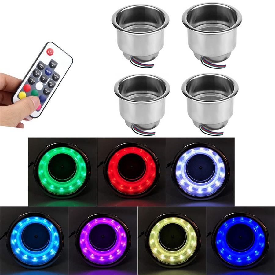 4x Stainless Steel Car Cup Drink Holder 14 LED w/ Remote RGB Lights for Truck RV