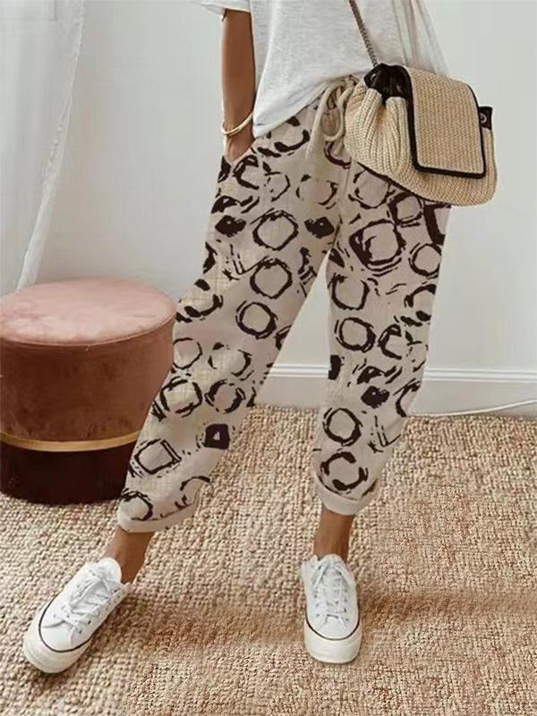 2024 European & American Style Print Cotton Linen Casual Pocket Long Pants