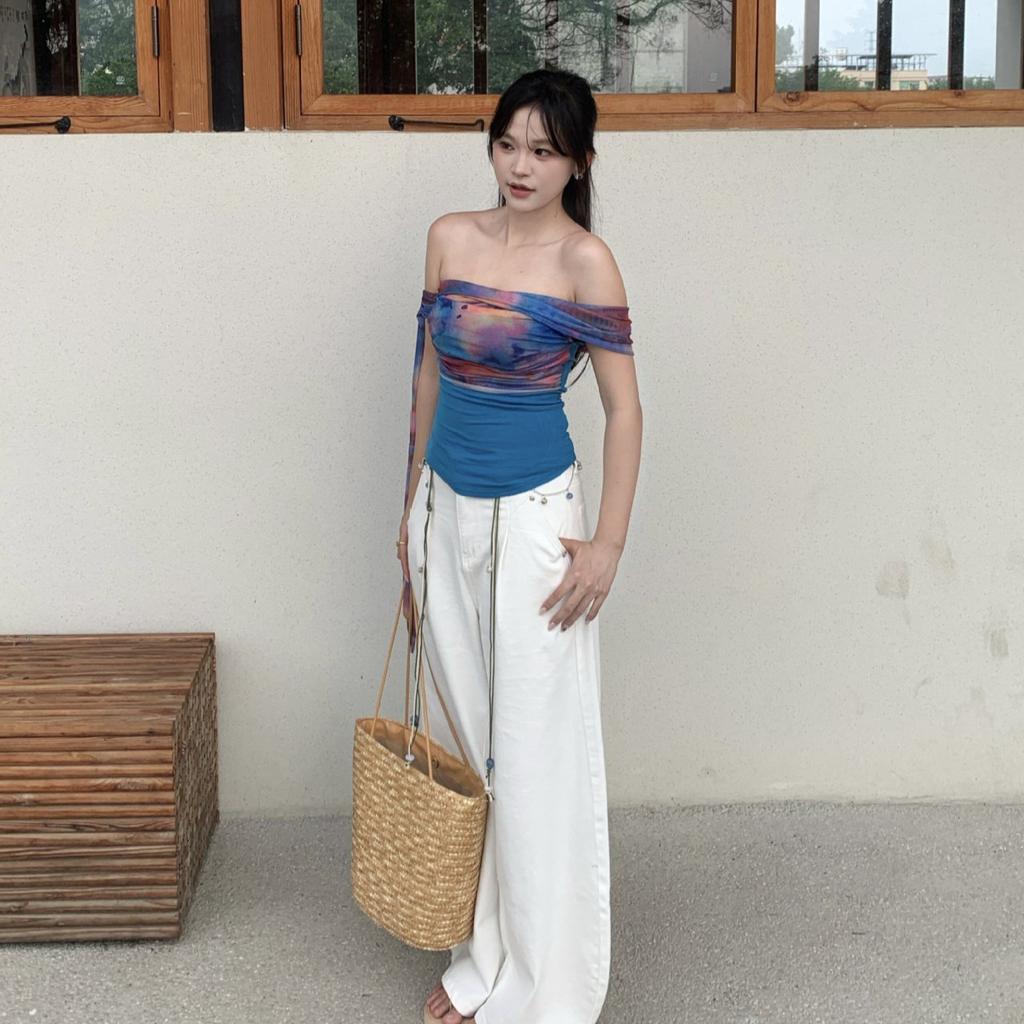 Holiday style smudging gradual change tube top one-word shoulder streamer design feeling waist thin off-the-shoulder sleeveless bottoming shirt