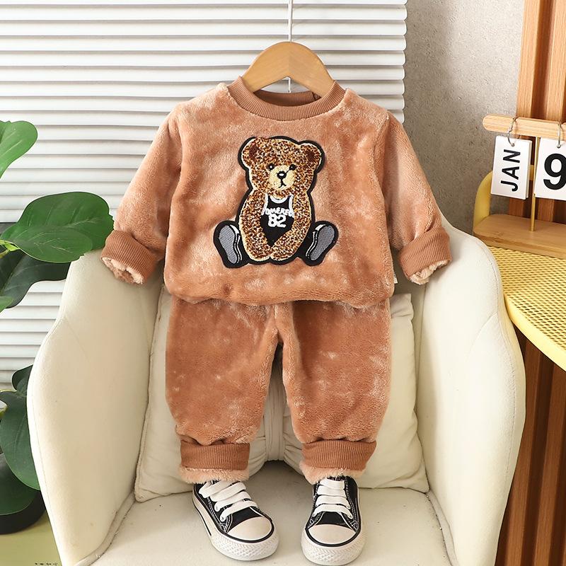 2025 Children's Two Piece Sleepwear Warm Men's and Women's Velvet Set Autumn and Winter Home Furnishings