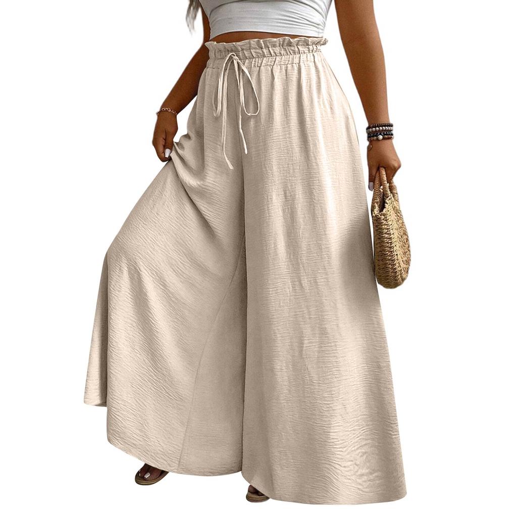Women High Waist Wide Leg Palazzo Pants Drawstring Elastic Waist Loose Fit Flowy Long Trousers with Pockets for Casual Daily Wear