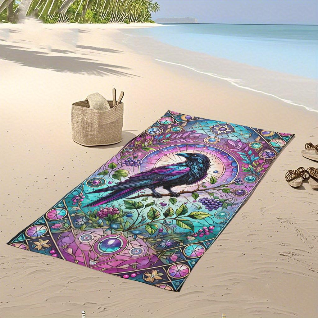 Mystischer Raben-Buntglas-Strandtuch, Juwelenfarben Krähen-Design Schnelltrocknendes Sandfreies Badetuch für Pool und Urlaub