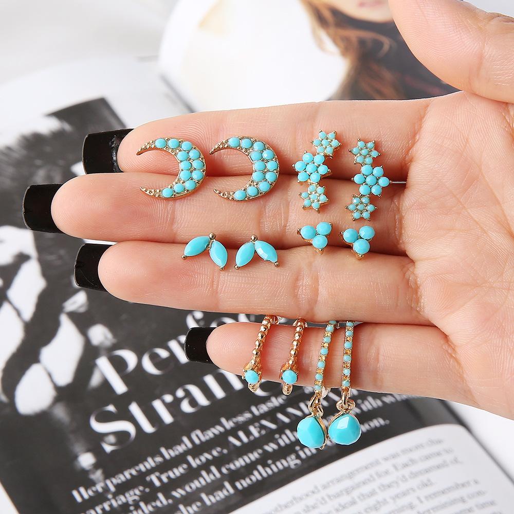 New Trends 5 Pairs Of Jewelry Dazzling Turquoise Gemstones Bohemian Earrings Stud Earrings