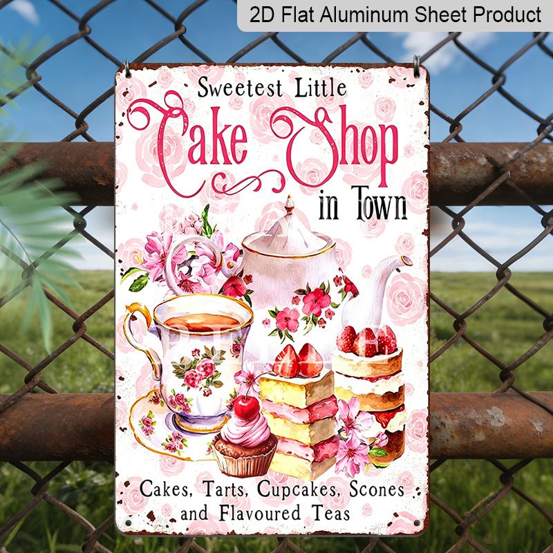 

2D Flat, Vintage Aluminum Wall Art Plaque for Cake Shops, Cupcake Towers & Tea Parties - Rustic Kitchen Decor with Sweetest Little Cake Shop in 20*30cm
