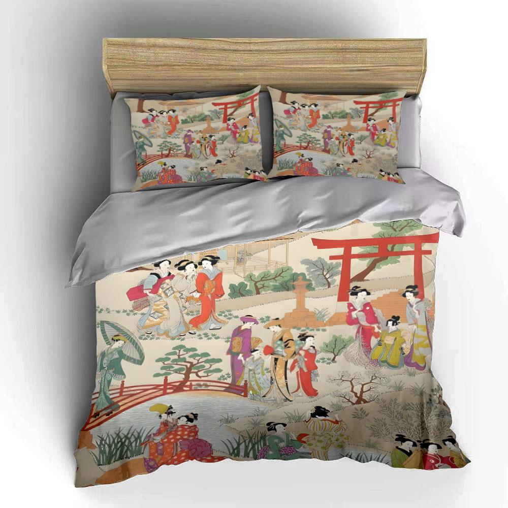 Elegant Japanese Garden Bedding Set 3pcs, Vintage Ukiyo-e Art Print Duvet Cover, Soft Cozy Bed Linens with Torii Gate Design