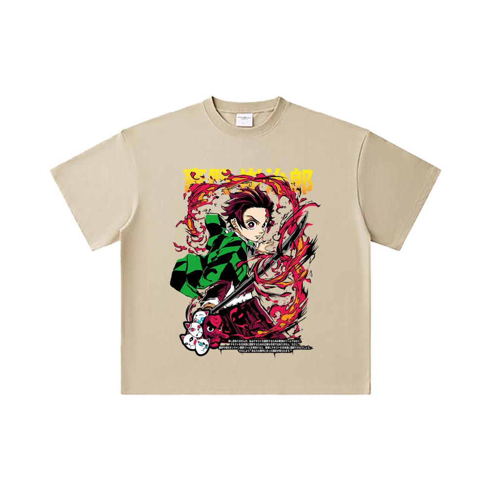 260 GSM Double Yarn 32 Count 100% Cotton Demon Slayer V19 Tanjiro Print Unisex Heavy Cotton T Shirt