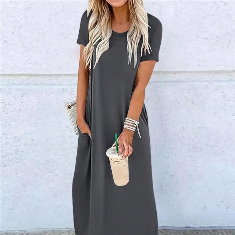 Women Short Sleeve Long Dress With Pockets Casual Oversized Round Neck Beach Dress Female Split Loose Fit Summer Dress Vestidos