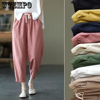 Women's Retro Cotton and Linen Casual Pants Summer Haren Pants Loose Solid Color Casual Cropped Pants