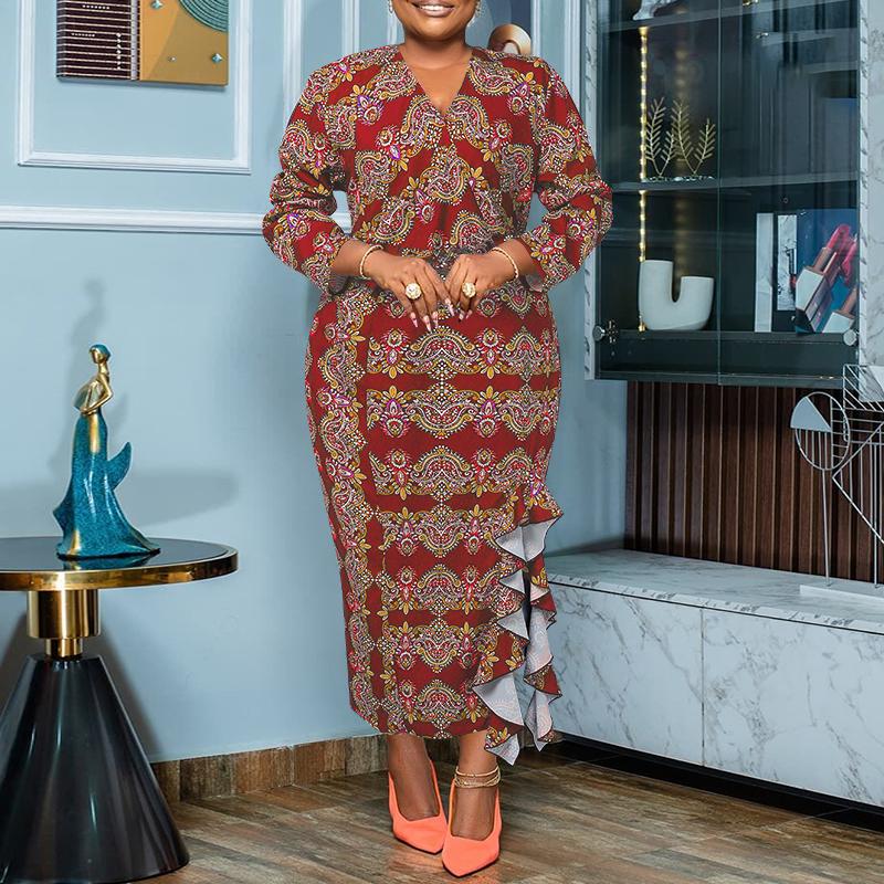 

Женские элегантные платья больших размеров с V-образным вырезом и длинными рукавами с принтом 5XL красный