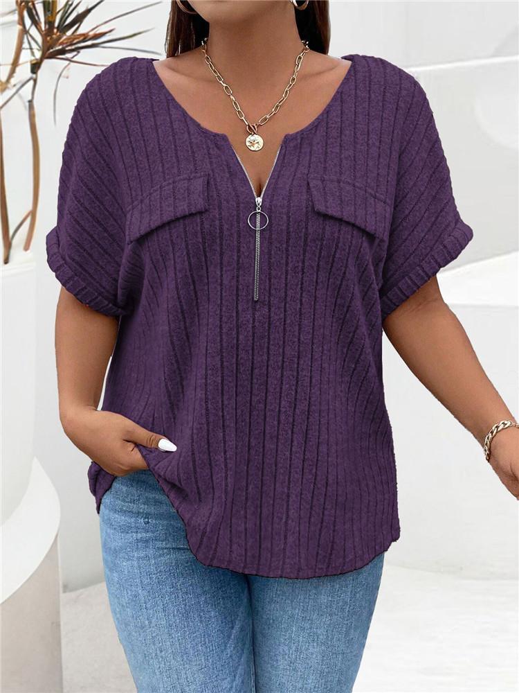 Solid Color Zipper Short Sleeve Casual Pullover T Shirt Women Loose Clothes Fashion Female Tee V-Neck Streetwear Plus Size Tops