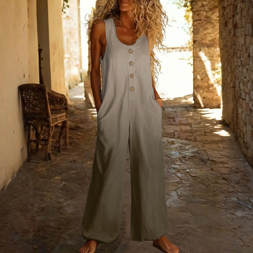 Lässiger ärmelloser lockerer Jumpsuit mit Taschen und verstellbaren Trägern für Damen (lange Länge).