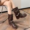Women's Retro Buckle Mid-Calf Chunky Heel Boots: Round Toe, Wide Shaft, Ruched Ankle, Western Style for Autumn/Winter