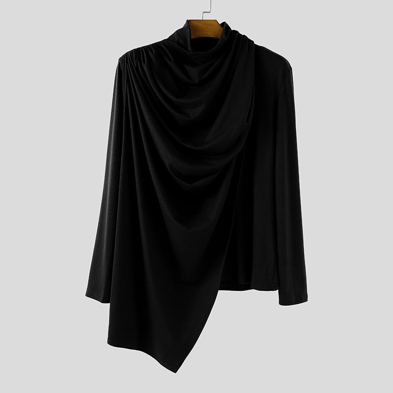 

INCERUN Осенние мужские водолазки с длинным рукавом, с рюшами, с неровными слоями, повседневные футболки, майки 5XL чёрный