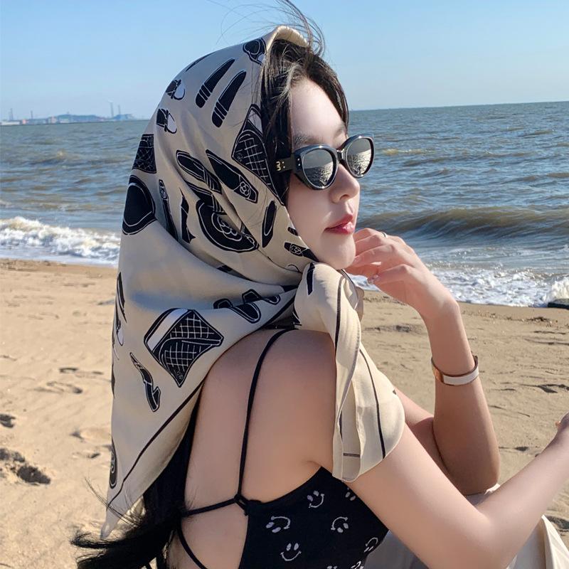 Nordic simple silk scarf long female French retro black and white striped large square scarf tied hair ins headscarf headband shawl