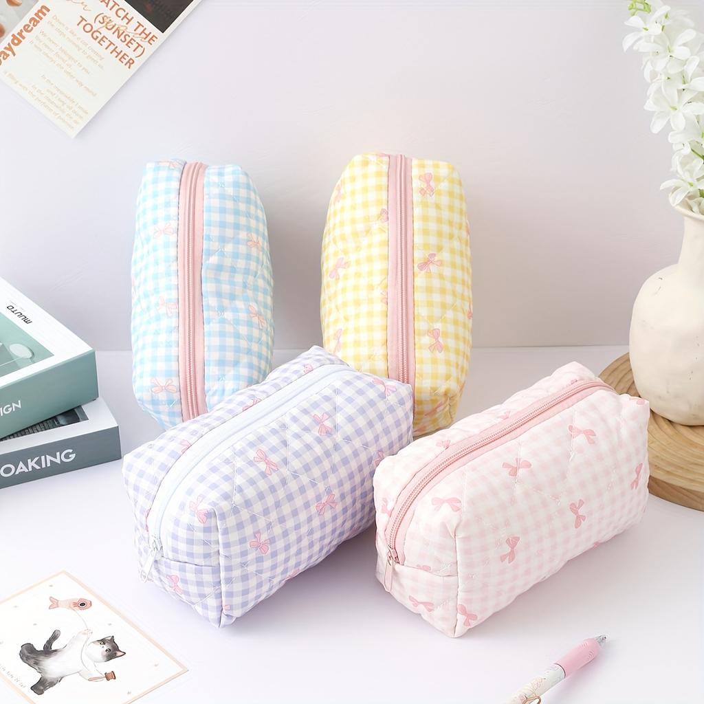 1pc Checkered Pencil Case Pink Bow Pattern Portable Stationery Organizer School Office Desk Essentials Travel Accessories