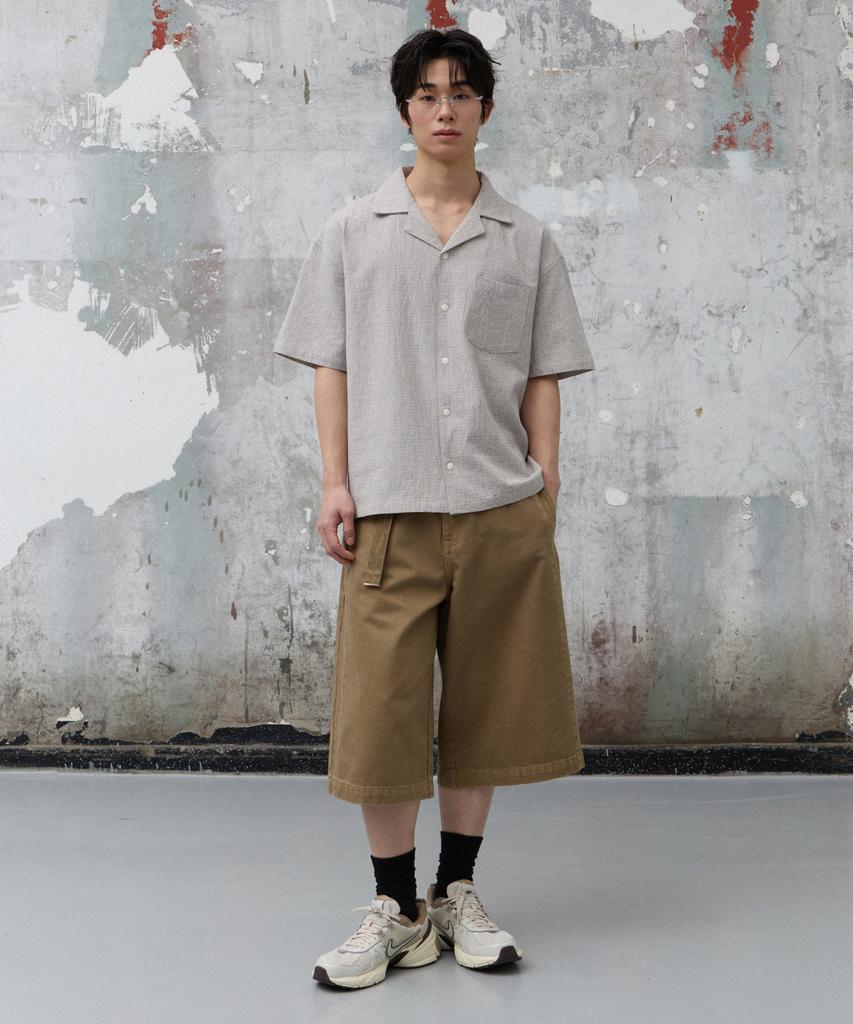 AGOD Open Collar Check Half Shirt [Beige]