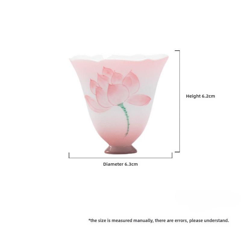 Pink Hand-Painted Lotus Ceramic Tea Cup - Flared Rim Zen Tea Bowl for Kung Fu Ceremony, Floral Design High-Stem Sipping Cup