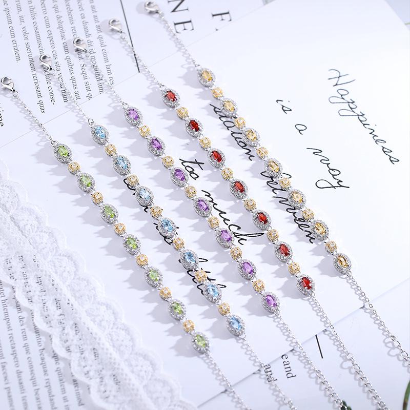 S925 Sterling Silver Bracelet For Women Inlaid Natural Garnet Topaz Crystal Fine Hand Jewelry