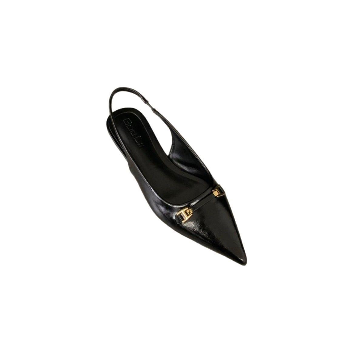 

French pointed sandals baotou patent leather flat bottom thick sole temperament rhinestone baotou sandals women s rear empty low-heeled sandals 39