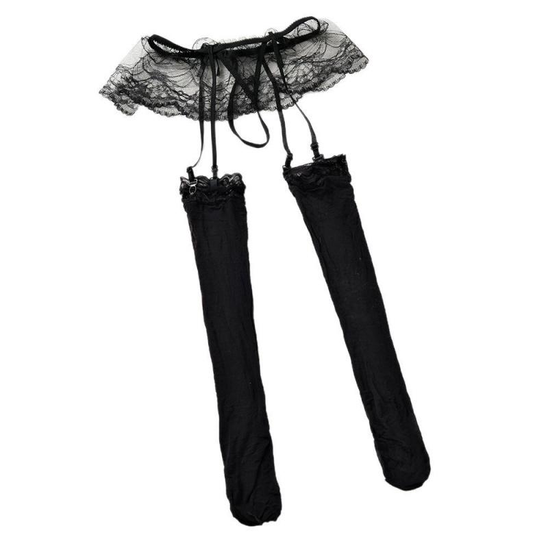Lace Mesh Garter Stockings Panties Set for Women Over-the-Knee High Stockings Sexy Slimming Pure Desire Black Silk Temptation