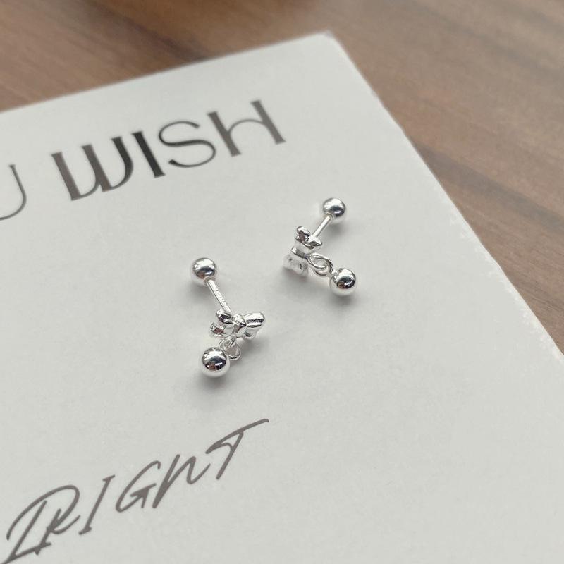 S999 Sterling Silver Small Bow Bead Stud Earrings for Women - Simple, Sweet Jewelry