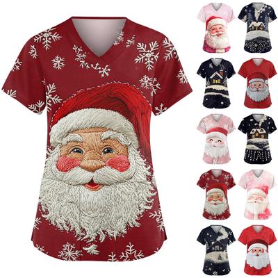 Women's Fashionable V-neck Workwear Christmas Printed Short Sleeved Pocket Side Slit Workwear Basic Pullover Top