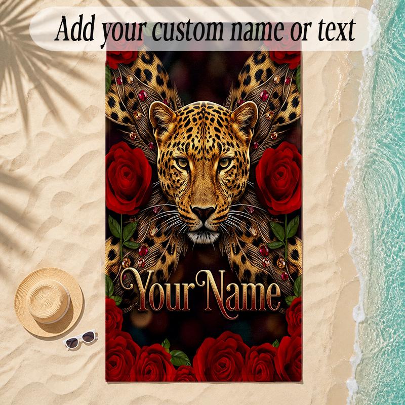 Leopard Theme Soft Beach Towel Personalized Custom Name Text Towel Portable for Beach Pool Travel