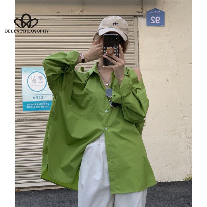 Loose All-Match Long-Sleeved Shoulder Shirt Woman Casual Elegant Fashion Green Loose Long Shirt